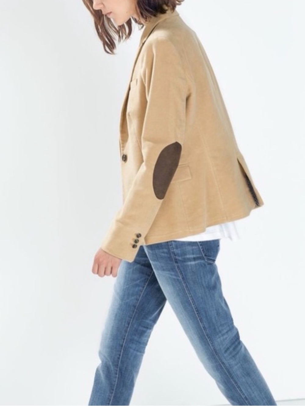 Zara Tan Moleskin Blazer with Dark Brown Elbow Patches